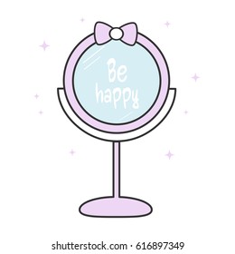 cute hand drawn be happy lettering inspirational quote on violet lovely cartoon mirror vector illustration