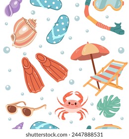 Cute hand drawn beach chair, umbrella with flip flops and other beach elements seamless pattern. Flat vector illustration isolated on white background. Doodle drawing.	