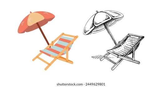 Netter handgezeichneter Strandstuhl mit Sonnenschirm. Flache und umrissene Vektorillustration auf weißem Hintergrund. Doodle-Zeichnung