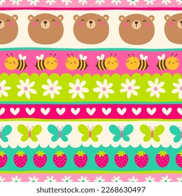 Cute hand drawn bear, bee, butterfly, strawberry and flower seamless pattern with striped background.