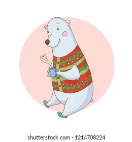 Cute hand drawn bear with cup of cocoa. Merry Christmas and Happy New Year background. Winter holidays card. Illustration of cartoon polar animal in vest with tea mug. Xmas kid, children decoration.