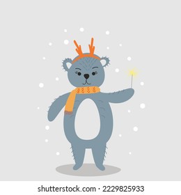 Cute hand drawn Bear with deer antlers, winter background, christmas design. Great for greeting cards, posters, nursery design. Vector illustration.