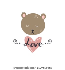 Cute hand drawn cute bear face. Nursery postcard template. Decor elements. Good for gifts. Clipart. Isolated vector illustration.