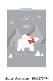 Cute Hand drawn Bear Mom and baby. Christmas Bear