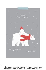 Cute Hand drawn Bear Mom and baby. Christmas Bear