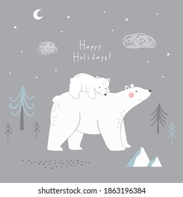 Cute Hand drawn Bear Mom and baby. Christmas Bear