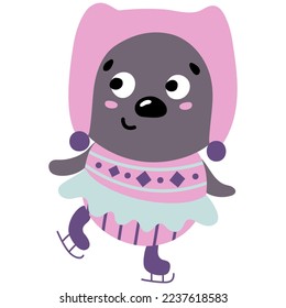 Cute hand drawn bear on skates. Valentine. White background, isolate. Vector illustration.