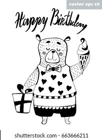 Cute hand drawn bear on white background. Congratulating and birthday card, poster, print. Isolated elements - gift box, ice cream, hand lettered text.