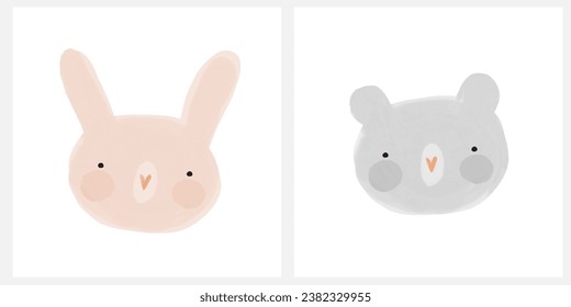 Cute Hand Drawn Bear and Rabbit. Watercolor Painting-Like Head of Teddy Bear and Bunny Toy on a White Background. Doodle Style Funny Freehand Baby Bear. Funny Bunny. Woodland Animal. Wild Thing. RGB.