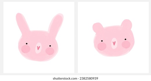 Cute Hand Drawn Bear and Rabbit. Watercolor Painting-Like Head of Teddy Bear and Bunny Toy on a White Background. Doodle Style Funny Freehand Baby Bear. Funny Bunny. Woodland Animal. Wild Thing. RGB.