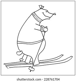 Cute hand drawn bear with a ski