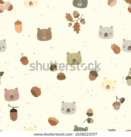 Cute hand drawn bears, acorns and dots, seamless pattern. Vector illustration with cute cartoon animals.	