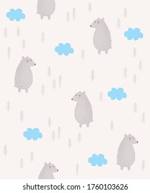 Cute Hand Drawn Bears Seamless Vector Pattern. Lovely Nursery Art with Gray Bears, Trees and Blue Fluffy Clouds. Funny Infantile Style Print ideal for Fabric, Textile, Kids Room Decoration.