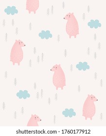 Cute Hand Drawn Bears Seamless Vector Pattern. Lovely Nursery Art with Pink Bears, Trees and Blue Fluffy Clouds. Funny Infantile Style Print ideal for Fabric, Textile, Kids Room Decoration.