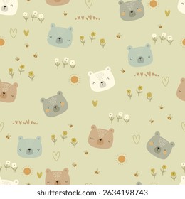 Cute hand drawn bears, sun, flowers and bees. Vector illustration with cartoon animals.