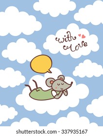  Cute hand drawn beautiful card with mouse. Mouse dreams on a cloud