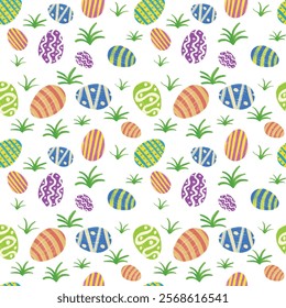 Cute hand drawn beautiful colorful easter eggs seamless pattern painted. Grass spring holiday kids pattern. Great for banners, wallpapers, social media stories, greeting card. Fun egg poins decoration