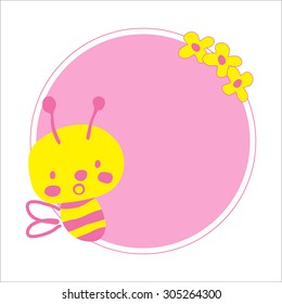 Cute hand drawn, bee badge vector with pink background and yellow flowers.