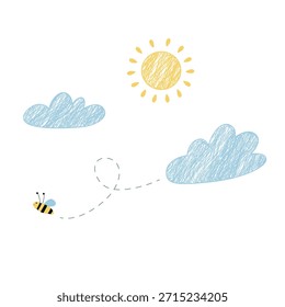Abelha desenhada à mão bonita voando no céu com nuvens e sol. Ilustração de estilo de giz de cera infantil para fundo infantil.