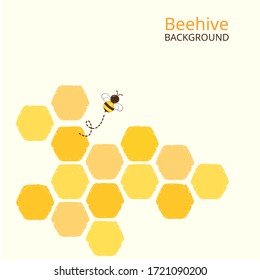 Cute hand drawn beehive with hexagon grid cells and flying bee on background vector illustration. pretty cartoon character.