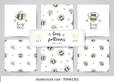 cute hand drawn bees, seamless patterns and logo set