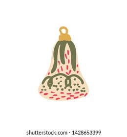 Cute hand drawn beige bell with green and coral decor illustration. Hand drawn clipart. Isolated on white background. Flat style illustration. Greeting card, poster, design element. Vector