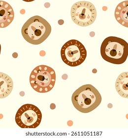 Cute hand drawn beige neutral color safari animals lion with polka tods on a pastel background, kids seamless pattern fo fabric and textile.