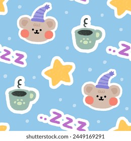 cute hand drawn beige teddy bear face with star and cup on a blue background, sticker style kawaii kids seamless pattern for wrapping paper, fabric, textile