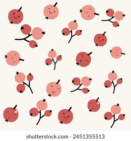 Cute hand drawn berry with face expression character pattern. Cute fruit face expression Character. Pastel background