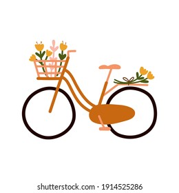 Cute Hand Drawn Bicycle Or Bike With Spring Flower Bouquet In Front Basket Illustration