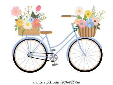 Cute hand drawn bicycle with colorful flowers in crate and basket. Isolated on white background. Retro bike carrying basket, crate with flowers and plants. Vector illustration.