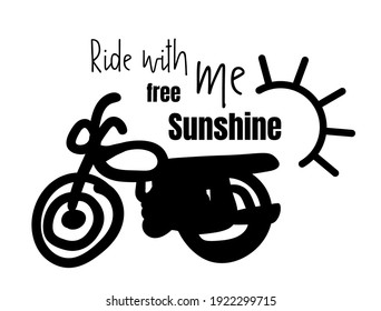 Trato a mano de bicicleta con texto, Viaje conmigo luz solar libre, concepto de turismo natural. dibujo de silueta sobre fondo blanco