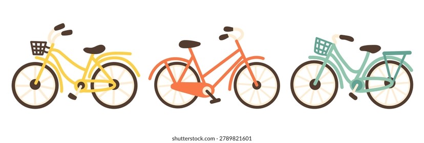 Cute hand drawn bicycle vector illustration in flat cartoon style. City bike with basket, pastel colors and simple shapes, isolated on white background, perfect for transport and lifestyle themes