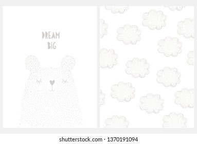 Cute Hand Drawn Big Bear Vector Illustration. Funny Bear Made of Tiny Gray Dots. Dream Big Nursery Art. Irregular Vector Pattern with Doted Clouds on a White Background. Kids Room Cute Decoration.