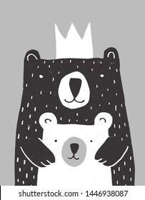 Cute Hand Drawn Big Bear and Little Baby Bear Vector Illustration. Gender Neutral Colors Nursery Art for Card, Invitation, Father's or Mother's Day. Big Black Daddy or Mommy Bear with White Crown.