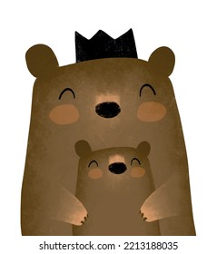 Cute Hand Drawn Big Bear and Little Baby Bear Vector Illustration. Gender Neutral Colors Nursery Art for Card, Invitation, Father's or Mother's Day. Big Brown Daddy or Mommy Bear in a Black Crown.