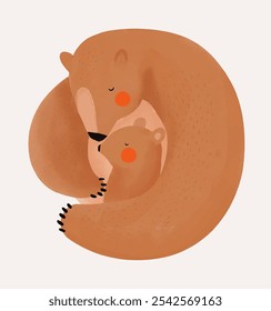 Cute Hand Drawn Big Bear and Its Little Baby Vector Illustration. Gender Neutral Colors Nursery Art. Father's or Mother's Day Card. Big Brown Teddy Bear. Mommy Bear Holding Little Baby Bear. RGB.