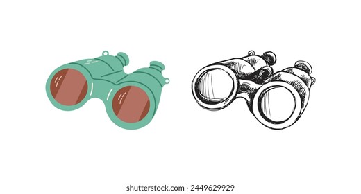 Lindos binoculares dibujados a mano. Ilustración vectorial plana y contorno aislada sobre fondo blanco. Dibujo de garabatos.	