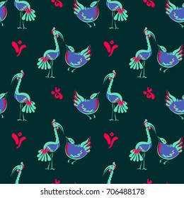 Cute hand drawn bird calligraphy. Seamless pattern