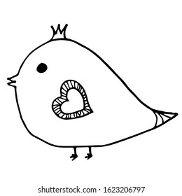 Cute hand drawn bird. Isolated simple vector element on white background. Bird with heart. Valentine's day decoration element