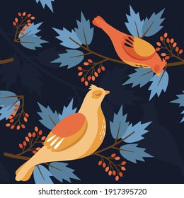 cute hand drawn bird pattern with leaves and berries, for print on paper or textile 