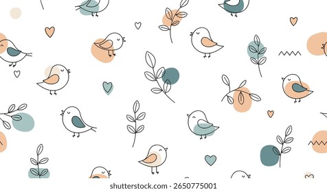 Pássaros desenhados à mão bonito e design de padrão de formas abstratas