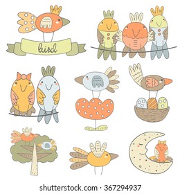 Cute hand drawn birds collection including bird sitting on the ribbon, boy and girl bird, bird on the flower, bird on the moon, birds on the tree, flying bird, bird with nest. Funny characters set