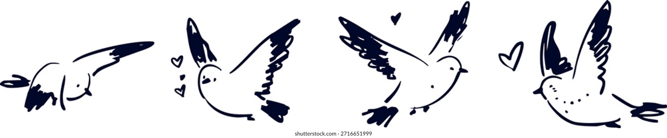 Cute Hand Drawn Birds Flying with Hearts - Minimal Doodle Vector Illustration