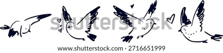 Cute Hand Drawn Birds Flying with Hearts - Minimal Doodle Vector Illustration
