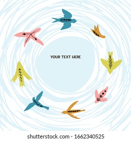 Pájaros dibujados a mano con la salida volando con espacio de texto. Concepto de póster de aves con espacio de copia - ilustración vectorial de un fondo azul con tornado blanco.