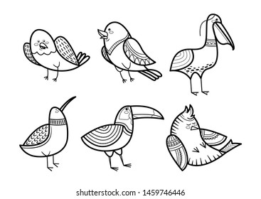 Cute hand drawn birds set. doodle bird collection. Black on white vector.
