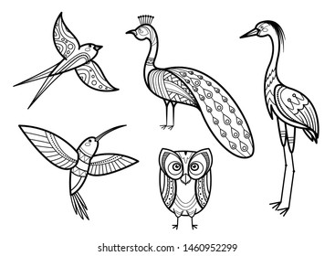 Cute hand drawn birds set. doodle coloring page bird collection. Black on white vector.