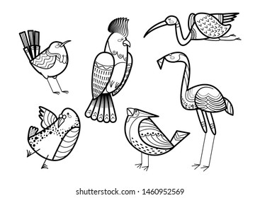 Cute hand drawn birds set. doodle coloring page bird collection. Black on white vector.