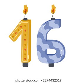 Cute hand drawn birthday candle numbers with burning flames in scandinavian style. Decoration for holiday cake for celebration 16-year anniversary of birthday, wedding. Stylized vector clipart.